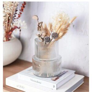 Home Decor Ribbed Fluted Glass Vase Clear Flowers Centerpiece Decoration 7.25"